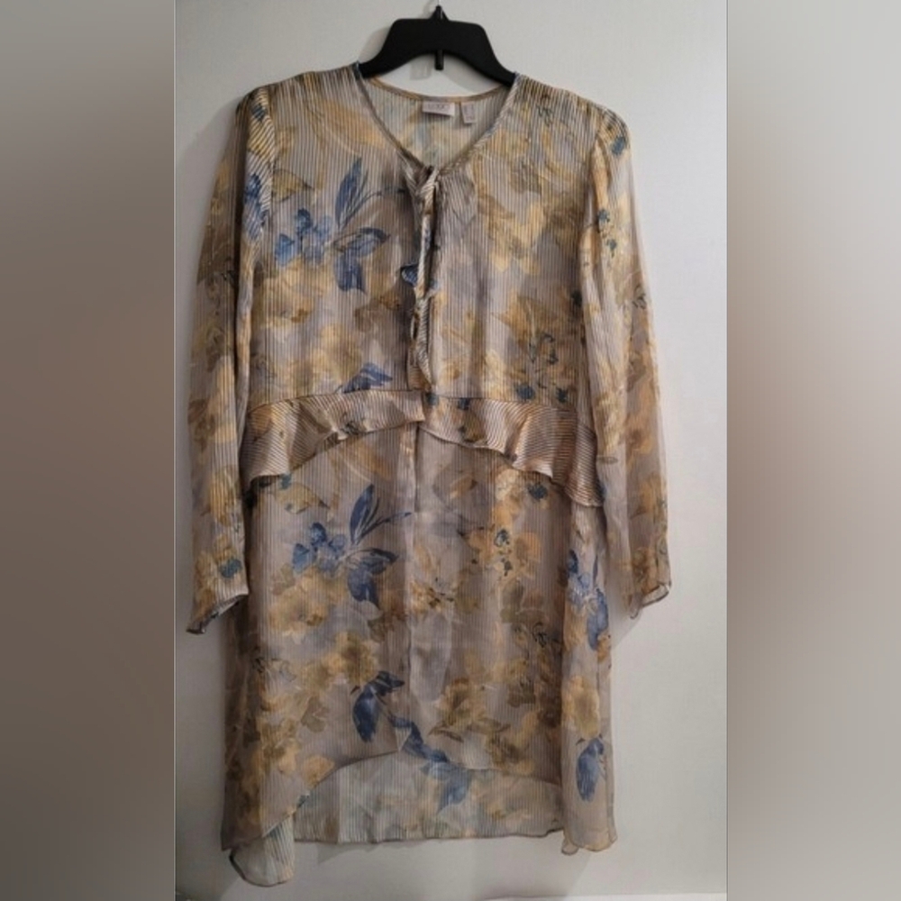 LOGO Lori Goldstein Floral Printed Woven Duster Flowy Multi Color Tie Front NEW